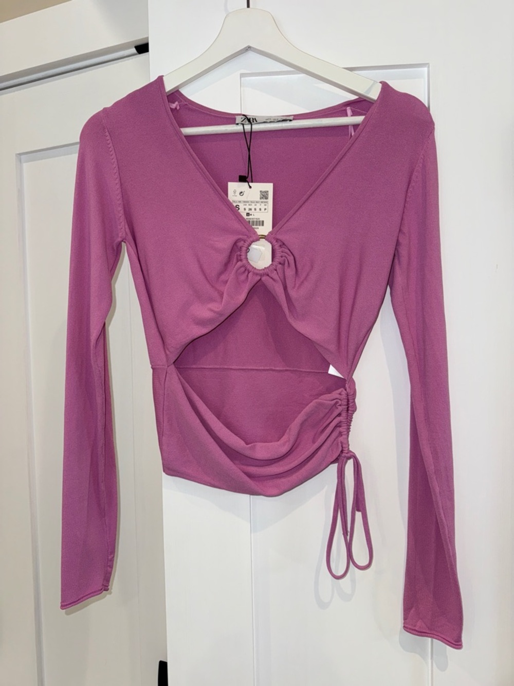 ZARA- Women's Pink Cutout Long-Sleeve Top with Ring Detail